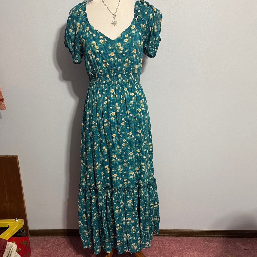 DAVI & DANI Teal Floral Puff-Sleeve Maxi Dress